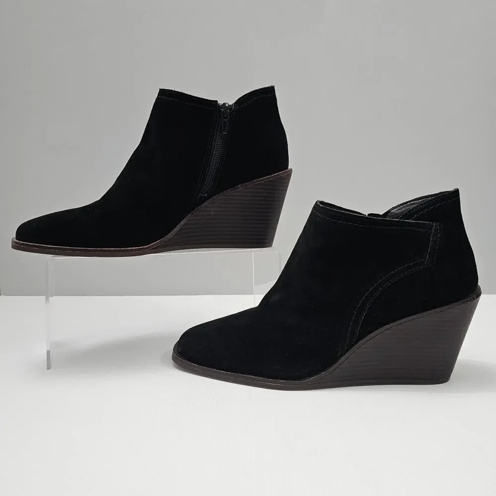 Lucky Brand Macawi Wedge Ankle Bootie Womens 9 Black Suede Square Toe Casual